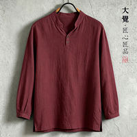 Original Chinese-style solid-color T-shirt, long-sleeved loose linen breathable men's spring and autumn base shirt, Chinese-style artistic casual top thumbnail 4