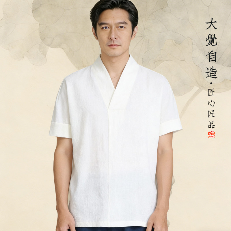 原创中国风夏季亚麻v领t恤男复古宽松道服短袖棉麻纯色大码汉服薄