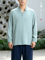 Original Chinese-style solid-color T-shirt, long-sleeved loose linen breathable men's spring and autumn base shirt, Chinese-style artistic casual top thumbnail 6