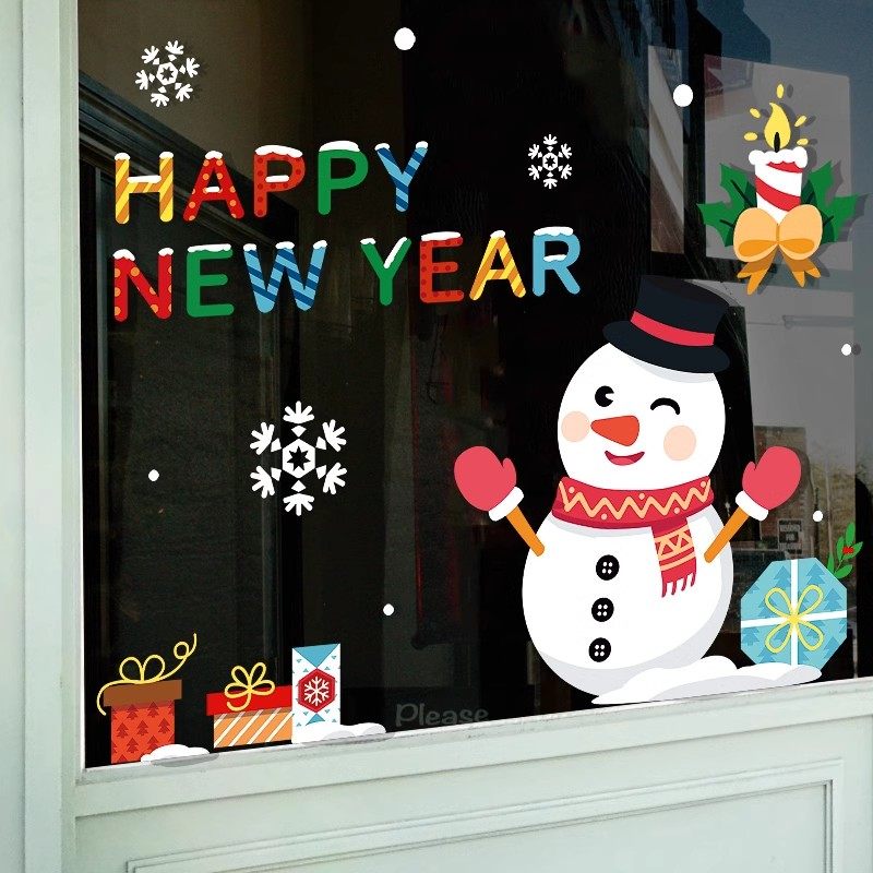 速发圣场节雪人店铺门口窗贴橱窗玻璃门贴纸诞景布置窗花饰装贴画