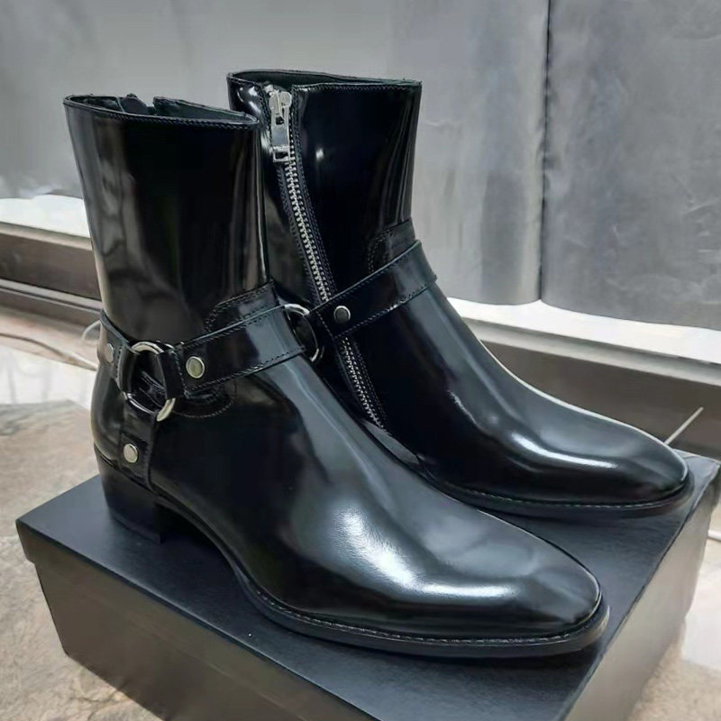 夏季欧美chelsea boot珠光切尔西靴男真皮环扣高街马丁靴潮亮皮潮