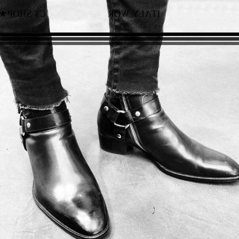 thumbnail for WINTER EUROPEAN AND AMERICAN CHELSEA BOOT FIRST YEAR RING BUCKLE CHELSEA BOOTS MEN'S LEATHER POINTED TOE HIGH-TOP STREET MARTIN BOOT TREND