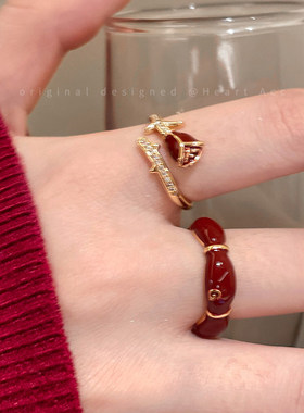 红色滴釉精致玫瑰花开口戒指女复古叠戴食指戒秋冬高级感设计指环