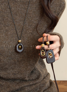 不规则镂空虎眼石吊坠项链秋冬复古长款抽拉毛衣链小众气质配饰女
