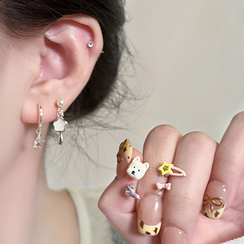 蜜罐小熊星星耳钉套装女童趣可爱耳环耳扣2025新款卡通耳饰耳骨钉
