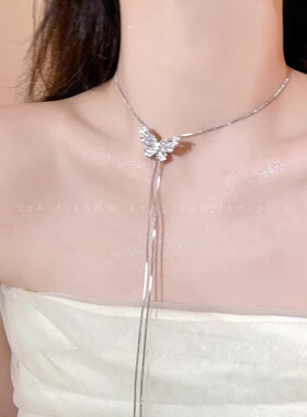 银色蝴蝶流苏长款项链女