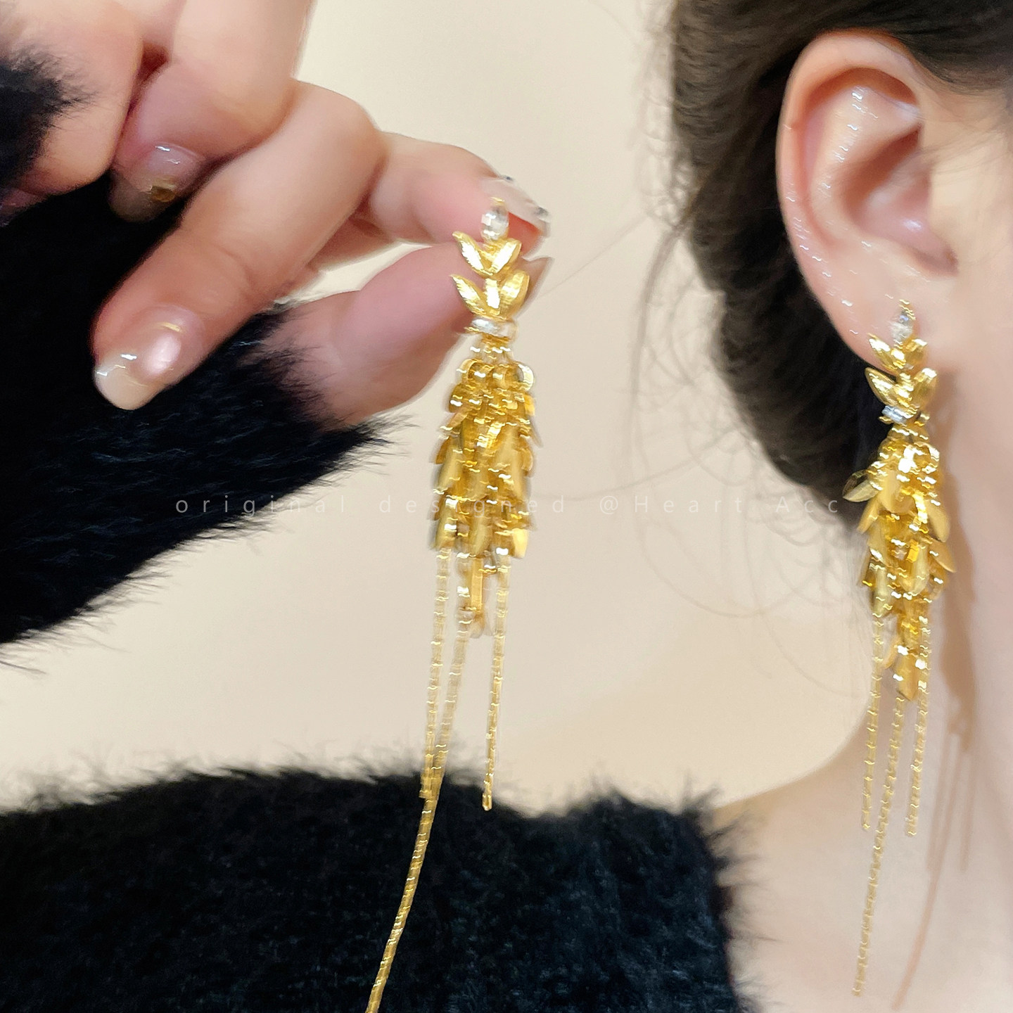 风吹麦穗！金色叶子流苏耳钉女轻奢高级感设计耳环精致晚宴耳饰品