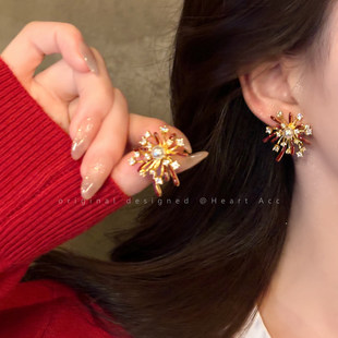 烟火璀璨！酒红色滴油锆石烟花耳钉女轻奢高级感气质大气耳环耳饰