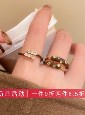 复古咖色滴釉锆石开口戒指女秋冬款小众高级感食指戒独特设计指环