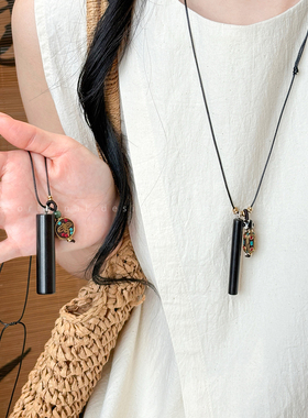 尼泊尔黑檀木棍牌吊坠项链女新中式民族风长款毛衣链独特复古配饰