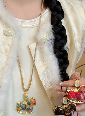 双面宋锦小马吊坠项链女新中式国风长款毛衣链轻奢高级感挂绳配饰