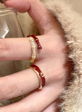 复古酒红色滴釉微镶戒指女2025新款高级感时尚指环轻奢开口食指戒