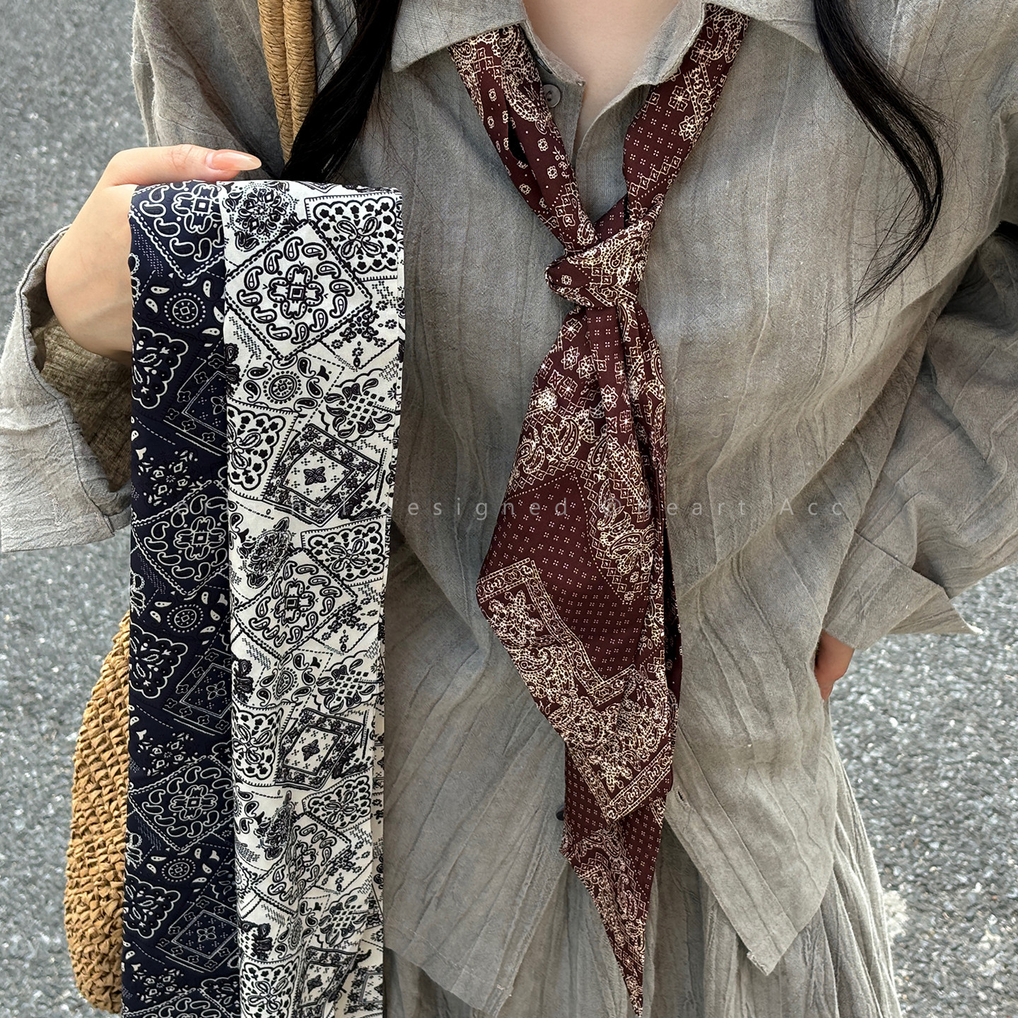 复古咖色腰果花长条丝巾女时髦高级感腰带装饰小众设计感腰间配饰