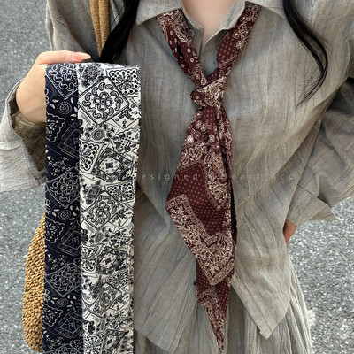 复古咖色腰果花长条丝巾女时髦高级感腰带装饰小众设计感腰间配饰