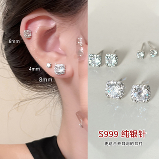 s999纯银小方糖锆石银针耳钉女养耳洞耳骨钉耳蜗钉高级感耳环耳饰