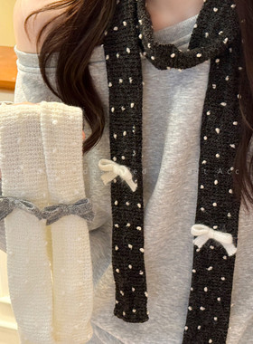 韩系甜美蝴蝶结波点细条围巾女2025新款秋冬日常百搭气质围脖配饰