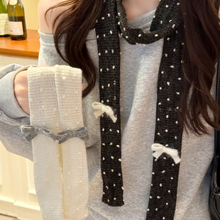 韩系甜美蝴蝶结波点细条围巾女2025新款秋冬日常百搭气质围脖配饰