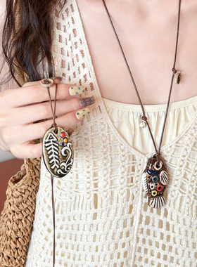 波西米亚新中式陶瓷小鱼项链女2025新款民族风毛衣链独特个性配饰