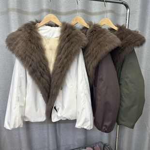进口狐狸毛翻领披肩羽绒服女2025冬季新款宽松皮草派克服时尚外套