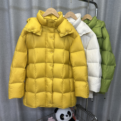 泡芙加厚中长款羽绒服女2025韩版新款宽松90白鸭绒方格绿色外套潮
