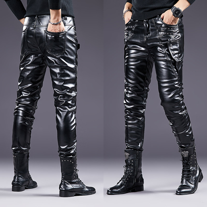 오토바이용 리벳과 지퍼가 달린 한국형 슬림 남성 가죽 바지 보온성과 방풍 기능이 있는 남성 가죽 바지 벨벳 작은 다리 바지 트렌디한 바지