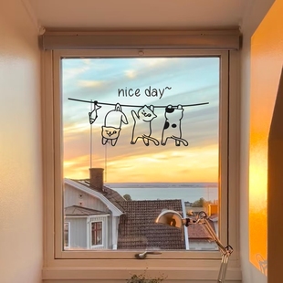 饰贴纸 day创意玻璃门腰线窗户镜子装 可爱晾衣绳上 猫咪nice