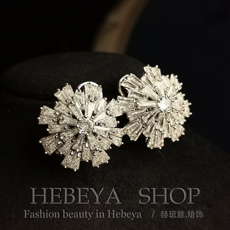 甜美款~欧美奢华超闪雪花锆石耳钉婚礼婚纱礼服耳环 无耳洞改耳夹