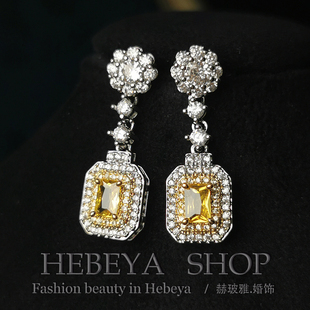 高级感欧美经典款 双金色宝石黄钻耳坠 时尚百搭耳环无耳洞改耳夹