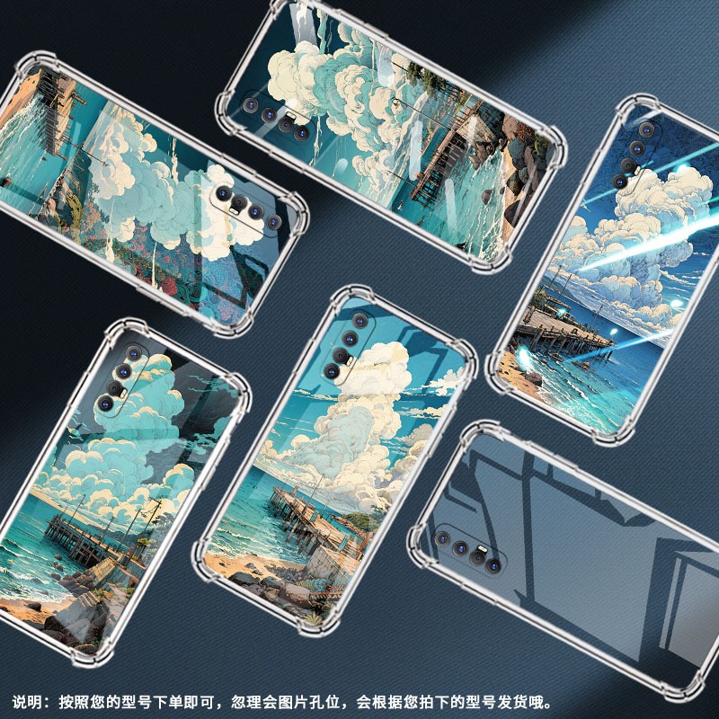 适用OPPOReno3Pro印度版气囊手机壳RX17Pro手机壳OPPOReno10xZ00M四角防摔蓝天大海中国风R17Neo保护套