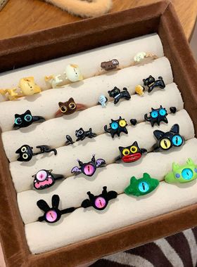 植绒卡通韩风可爱猫咪开口戒指可调节女搞怪趣味怪兽小众设计手饰