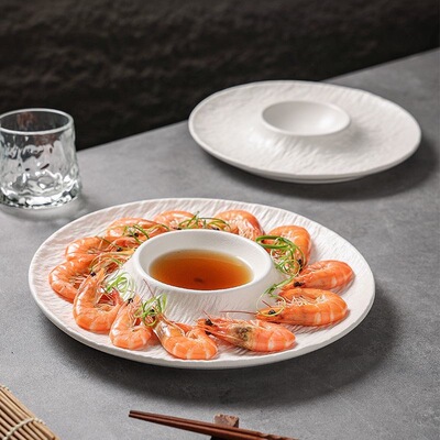 陶瓷饺子盘带醋碟商用2026家用新款吃水饺专用盘子高颜值小吃虾盘