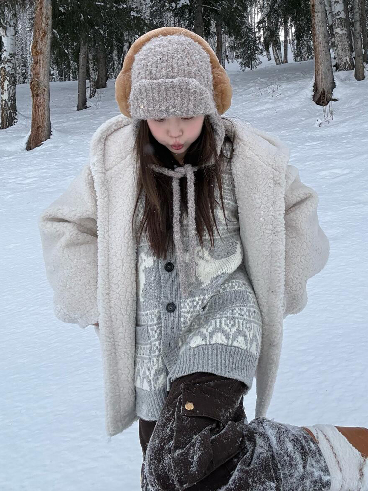 Lazy Style V-Neck Sweater Cardigan for Women, New Autumn and Winter Style, Puppy Jacquard Knitted Jacket, Retro Loose Thickeneded Top