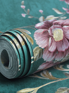 美式复古3D立体绿色田园大花墙纸欧式无纺布壁纸奢华卧室客厅背景