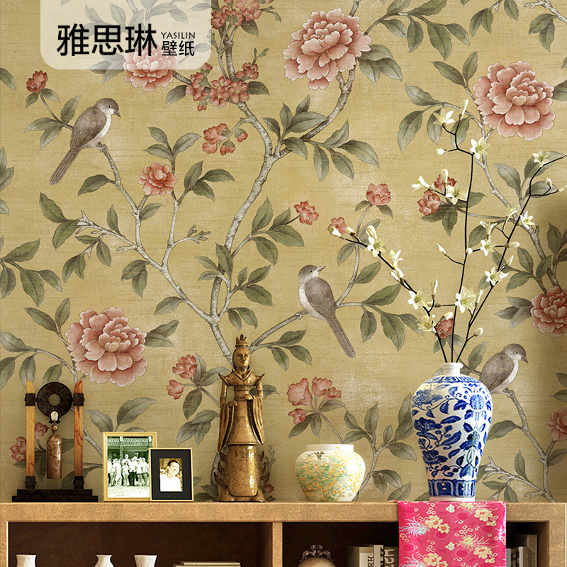 新中式壁纸无纺布田园花鸟大花金黄色中国风客厅卧室复古墙纸背景
