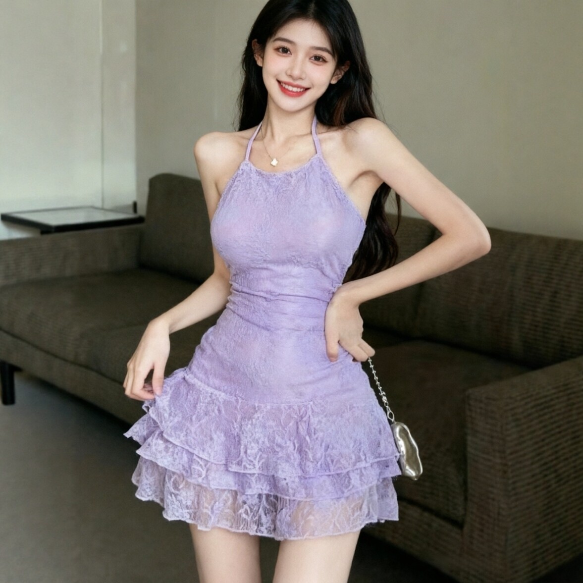 法式甜辣妹蕾丝拼接挂脖收腰显瘦女夏季A字露背吊带百褶连衣短裙 - 淘宝联盟商品