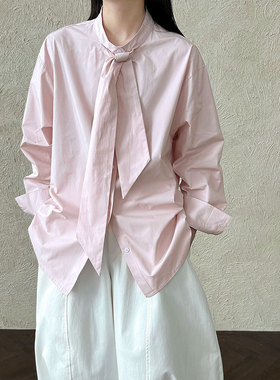 鹿西 韩系设计感系领带纯色衬衫女新款气质宽松休闲衬衣3735