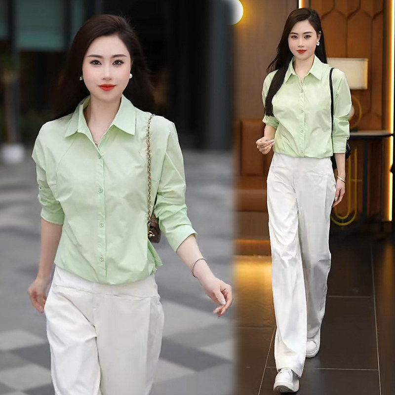 春季新款洋气长袖衬衫宽松遮肚子简约女士蝙蝠袖上衣打底绿色衬衣