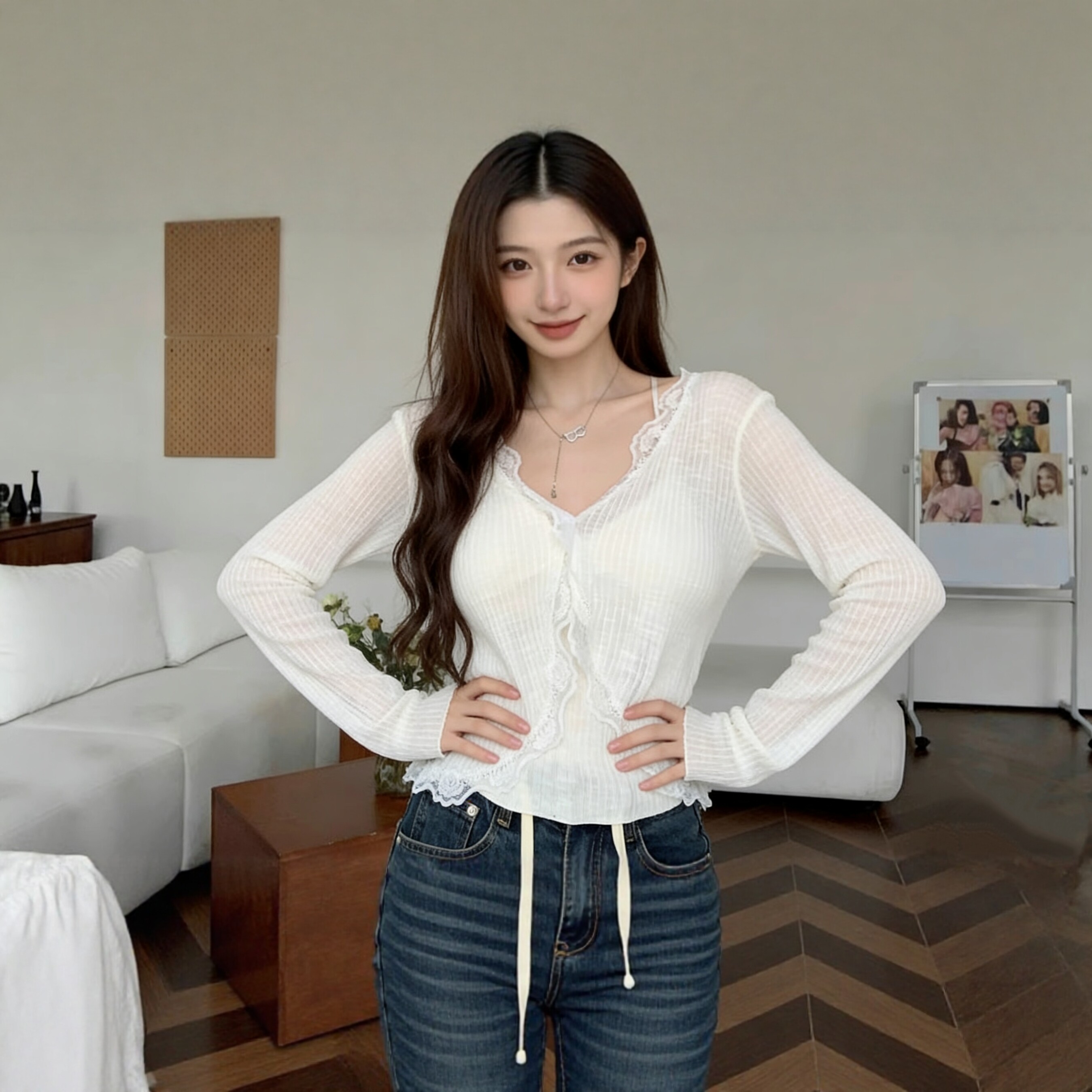 蓝色v领蕾丝边冰丝防晒开衫女夏季薄款外搭披肩空调衫小坎肩罩衫