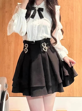 日系千金感套装女春秋2026新款荷叶边衬衫a字收腰蛋糕短裙两件套