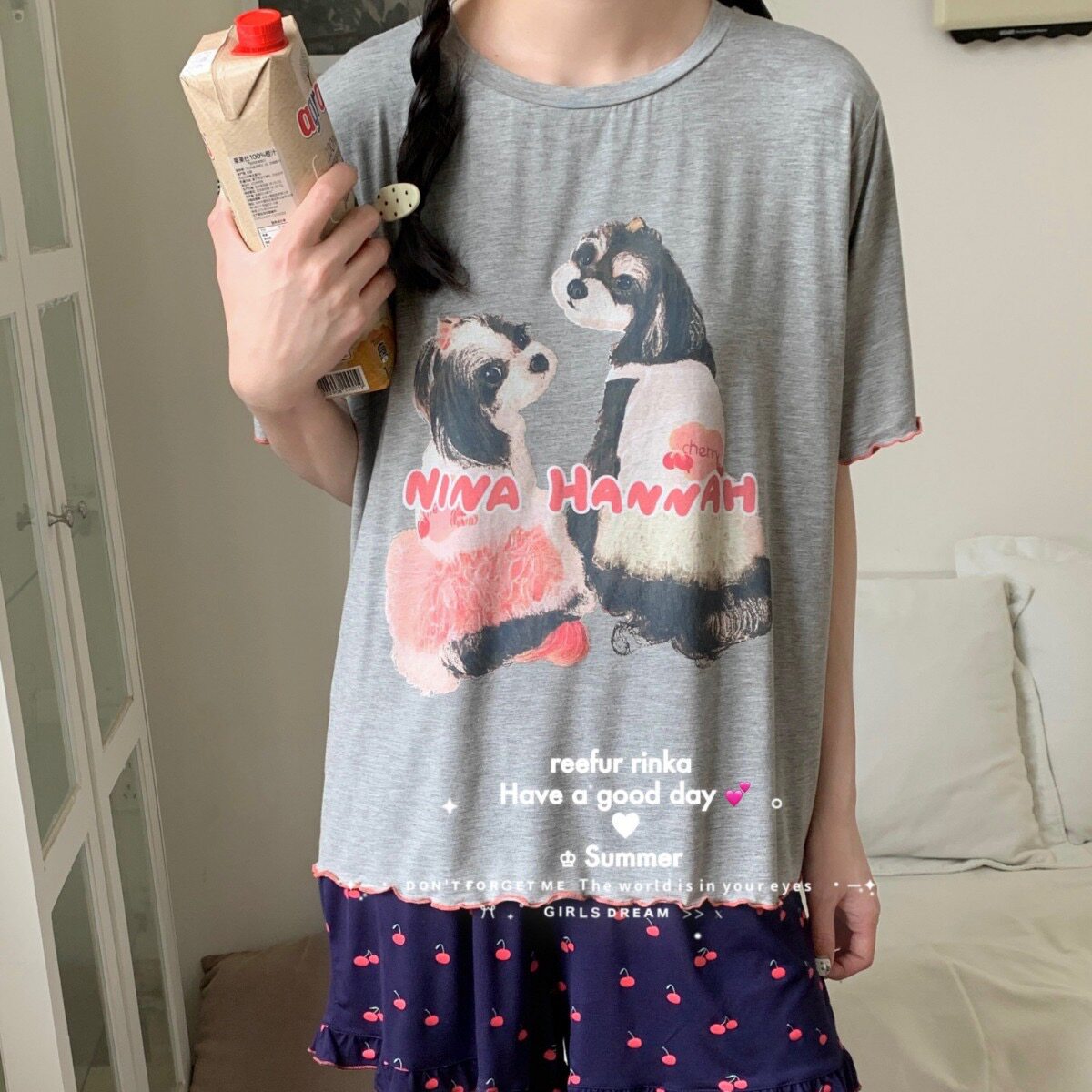 Reefur Rinka梨花家新睡衣女莫代尔卡通印花马尔济斯短袖短裤套装