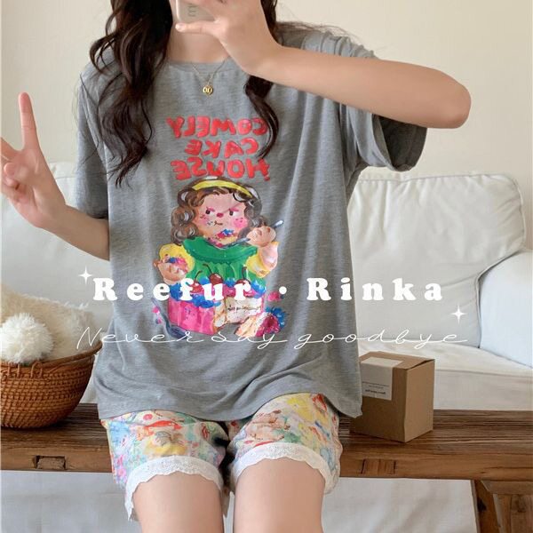 Reefur Rinka梨花家夏季睡衣圆领套头蛋糕娃娃印花宽松短袖家居服