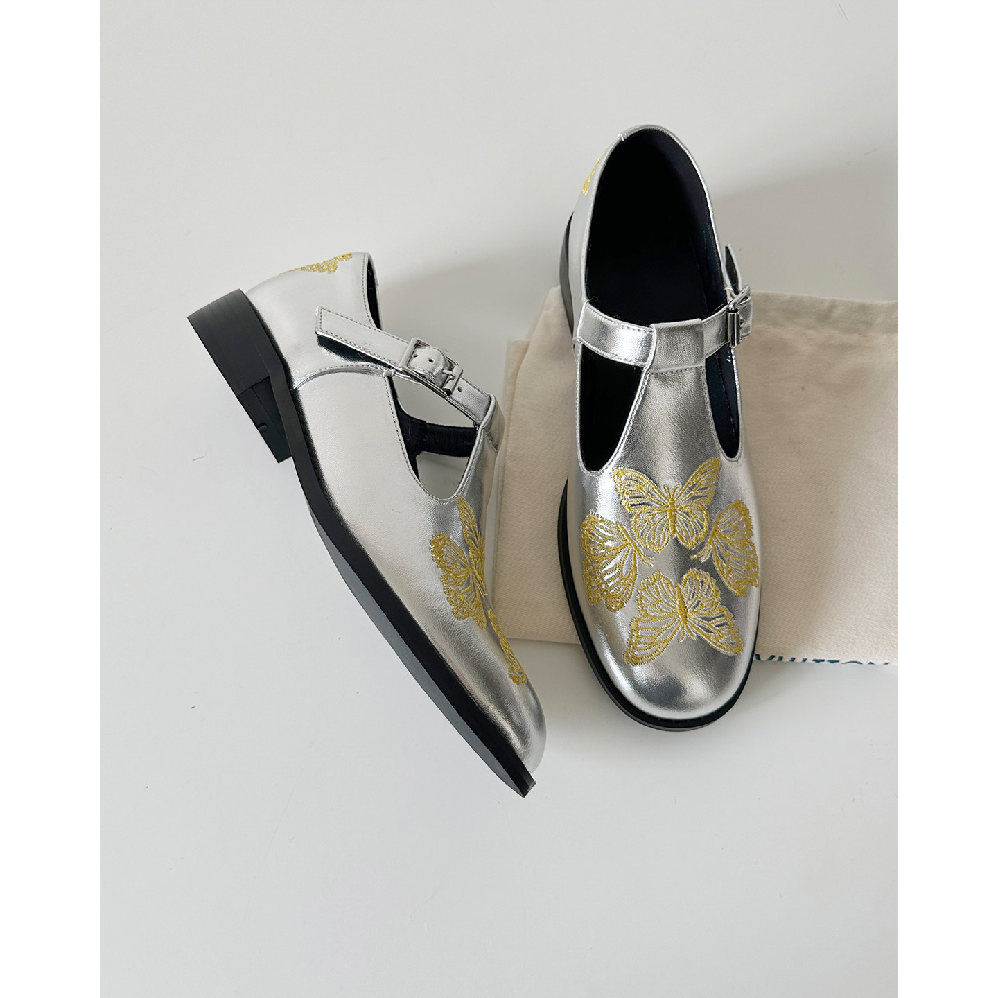 牛皮版~小众设计感蝴蝶刺绣圆头粗跟单鞋丁字扣带里外全皮舒适,女鞋,牛津鞋/布洛克鞋/德比鞋,淘宝优惠券,粉丝福利购,淘宝优惠卷