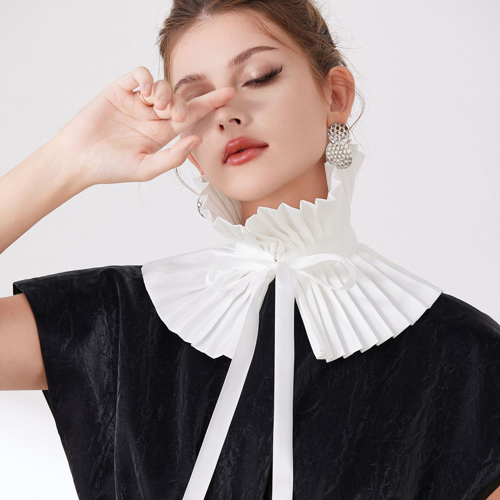 时尚百褶复古衬衣领假领子披肩立领护颈围脖系带装饰领黑白假衣领