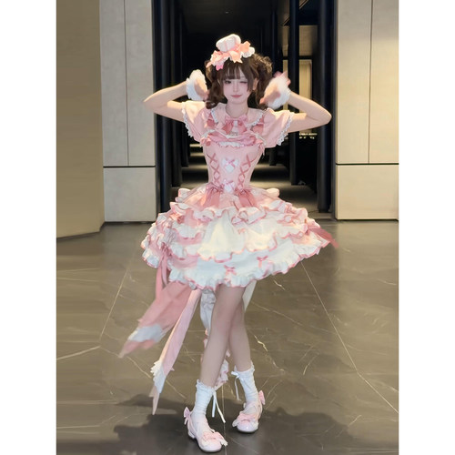 缎兔姬粉色甜美洛丽塔晚礼服小个