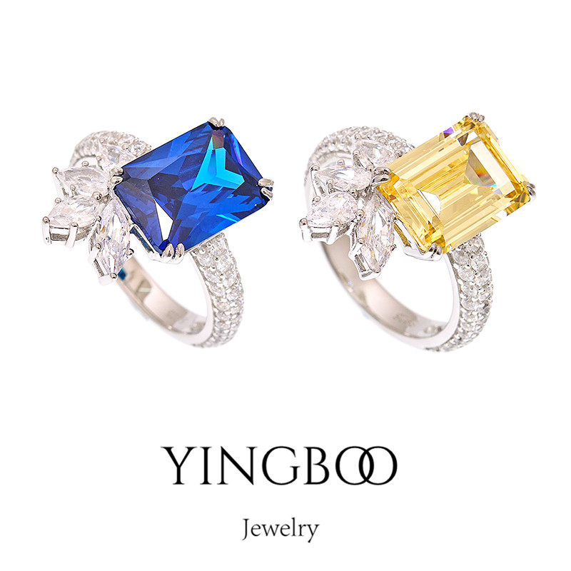 YINGBOO S925银精工手镶高碳锆钻迪恩切工仙彩黄钻蓝钻纯银戒指女