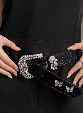 水钻美式复古腰带女2023新款夏季蝴蝶装饰y2k皮带百搭牛仔裤带潮