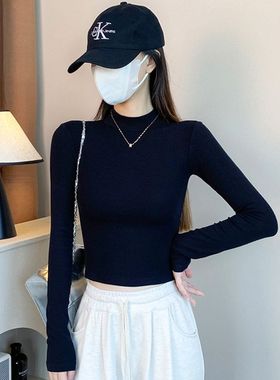 黑色长袖t恤女春秋螺纹半高领打底衫短款内搭中领修身显瘦上衣潮