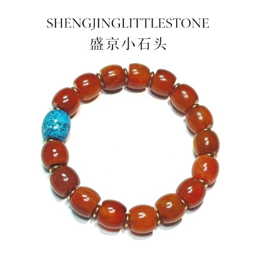 【盛京小石头】天然柿子红开片老玛瑙小股珠撞色手串