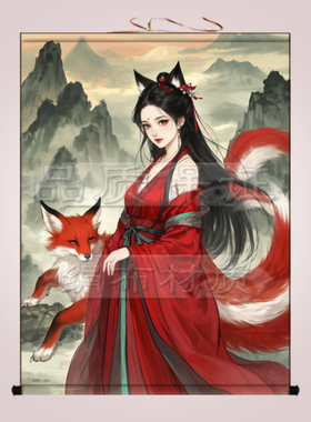 九尾狐挂画红狐出马客厅堂口供奉装饰画招财女狐娘娘像书房卷轴画