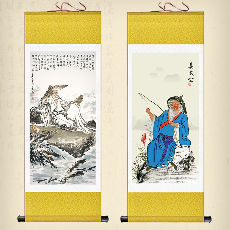 姜太公钓鱼图卷轴画渔具店装饰画姜子牙人物画客厅书房丝绸画挂画